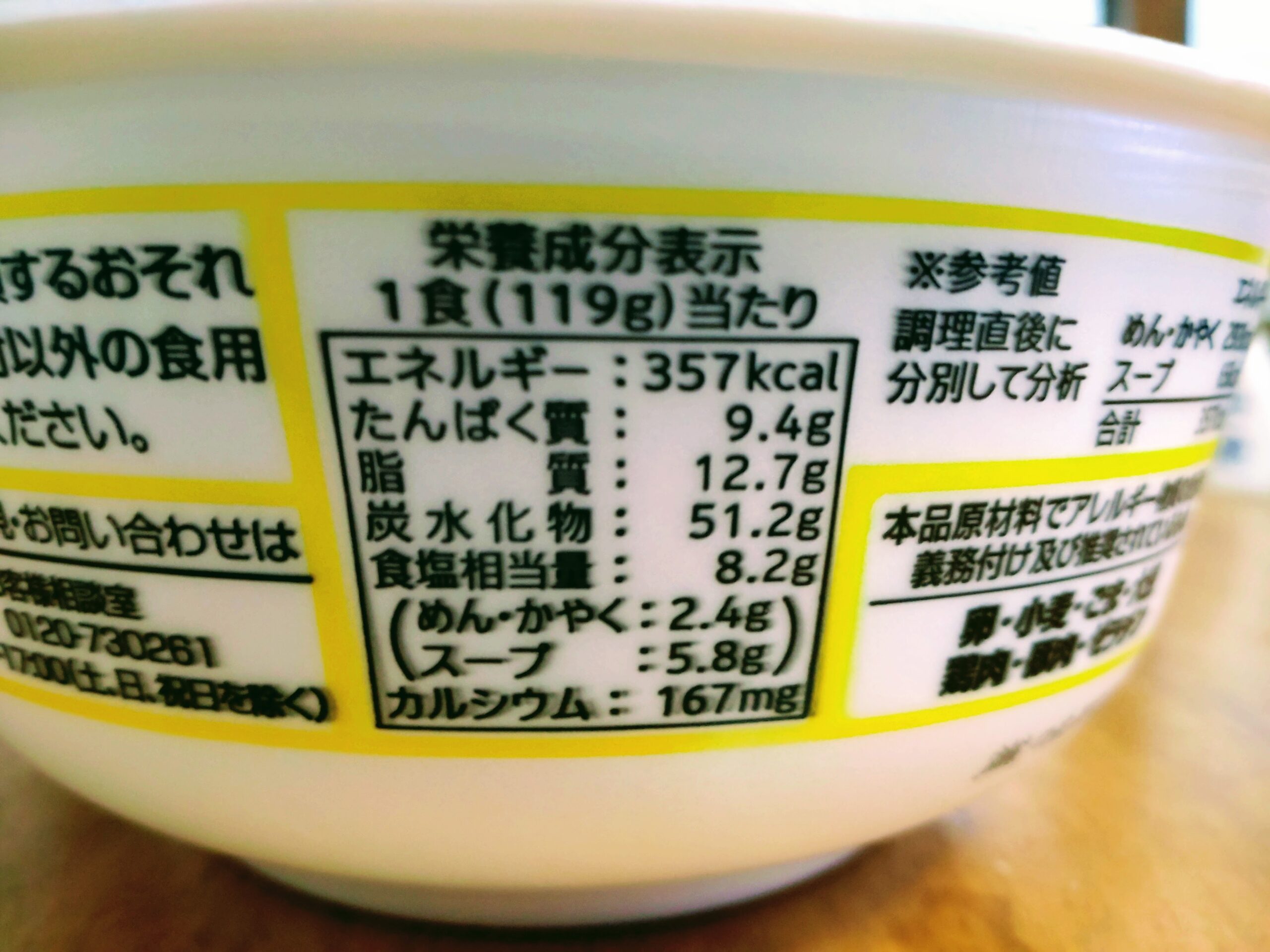カップ岐阜タンメンの栄養成分表示